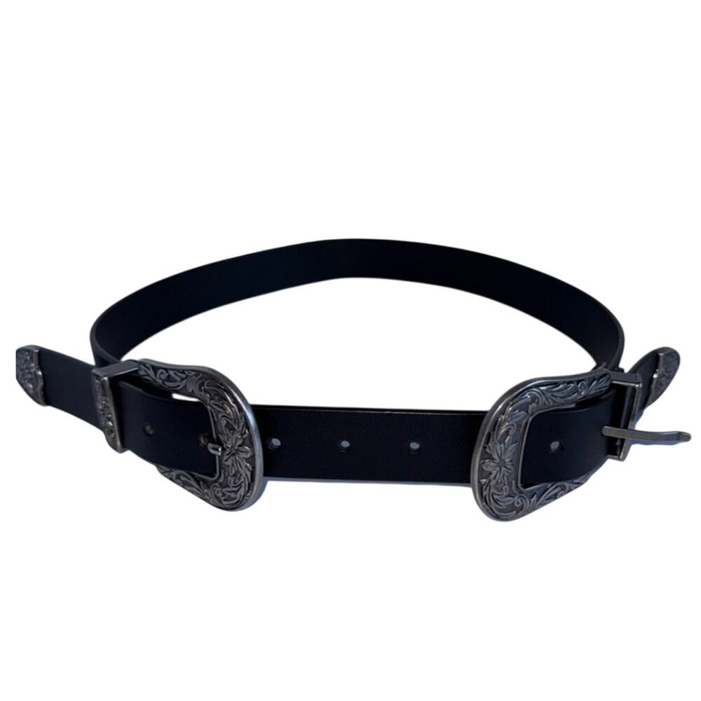 WESTERN coastal cowgirl double buckle Leather Belt Ornate Silver Buckles 35 in